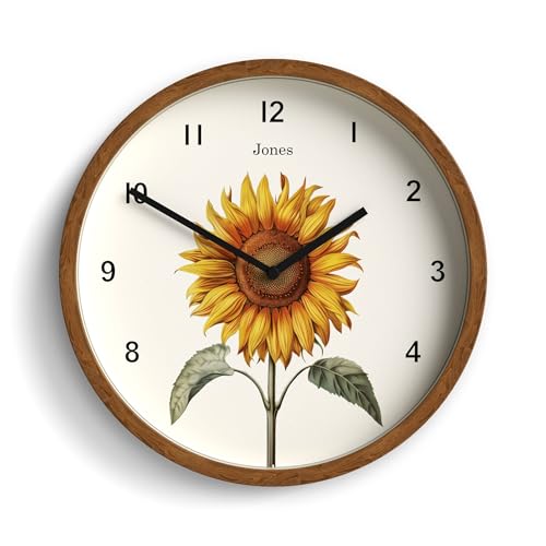 Jones Clocks® Sunflower wall clock | Modern round clock with floral illustration | 25cm | Faux wood | Ideal for the kitchen, living room or office