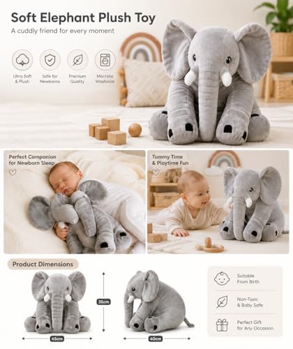Image of Giant Elephant Plush Toy for Babies - 45cm Soft Stuffed Animal Pillow, Cute Sitting Elephant Plushie for Toddlers, Newborn Nursery Decor, Sleep Companion & Birthday Gift for Kids (Grey)
