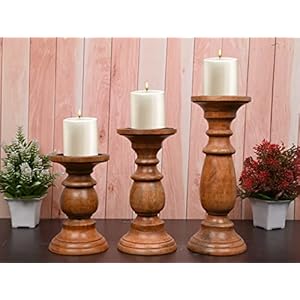 EDHAS Natural Round Turned Candle Holders for Pillar Candles Set of 3 Vintage Style Mango Wood Candle Holder for Centerpiece for Dining, Living Room EDHAS Natural Round Turned Candle Holders for Pillar Candles Set of 3 Vintage Style Mango Wood Candle Holder for Centerpiece for Dining Living Room