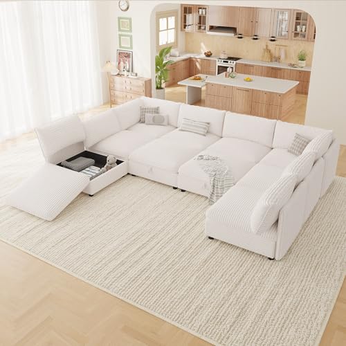 Image of Oversized Corduroy Modular Sectional Sofa Bed with Hidden Storage, Convertible L U Sleeper Couch, 10-Seat Modular Sofa Free Combination with Ottoman & Removable Covers for Living Room, White