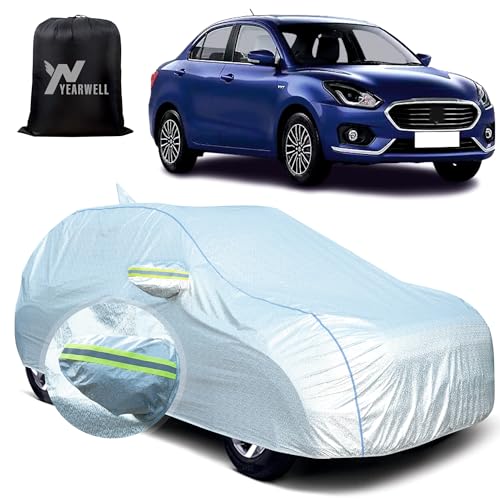 Image of Car Body Cover for Maruti Dzire (2017-2024), 100% Waterproof, Heat-Resistant with Mirror & Antenna Pockets, Soft Cotton Lining, Triple Stitched, Piping & Reflector (Reflective Silver)