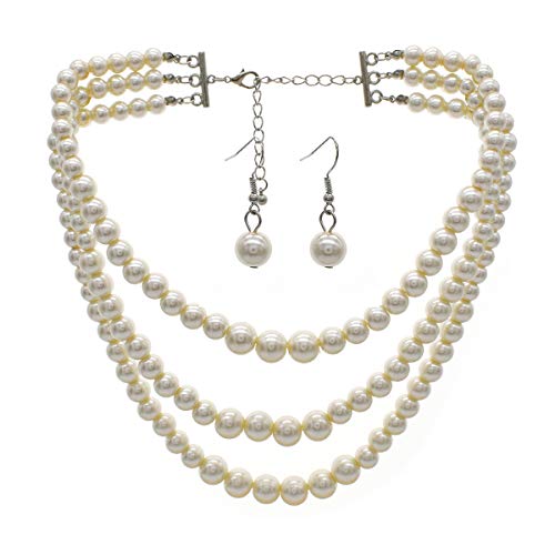 Utop White Pearl Multi Strand Necklace for Women Chunky Pearl Statement Boho Choker Necklace for Bride Wedding Jewelry Set (White 03)