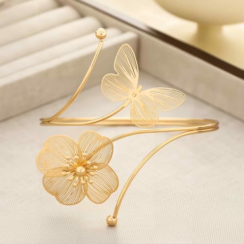 Image of Arm Cuff Jewellery for Women, Floral Armlet with Butterfly Design, Elegant Arm Bracelet for Weddings and Usually Occasions (Golden)
