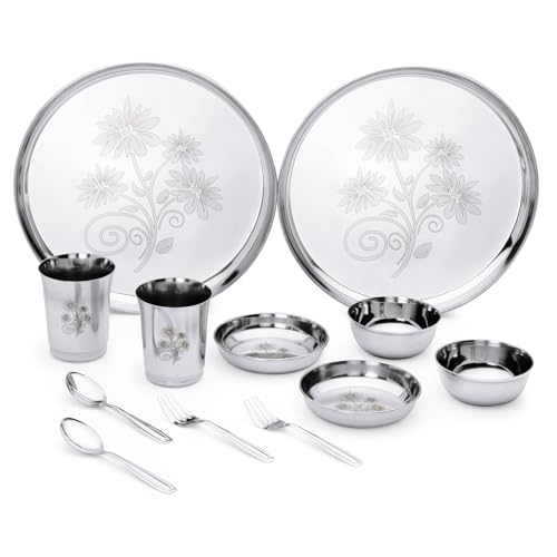 Image of LIMETRO STEEL Stainless Steel Premium Series Laser Printed Dinner Set (Set of 12, Serves 2)