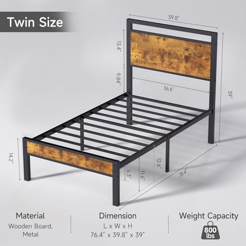 Image of Z-hom Upgraded Twin Bed Frames, Heavy Duty Metal Sturdy Bed Frame Twin Size with Modern Wood Headboard & Footboard, Stable Platform Bed Furniture Bed Storage, No Noise, No Box Springs, Vintage Brown