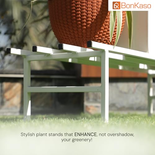 Image of BonKaso Metal Heavy Duty Rectangle Plant Stand: 76x24x18 cm, White - Set of 2, Modern Design for Indoor & Outdoor Use, Sturdy, Anti-Rust Planter Stand for Garden, Balcony, Patio