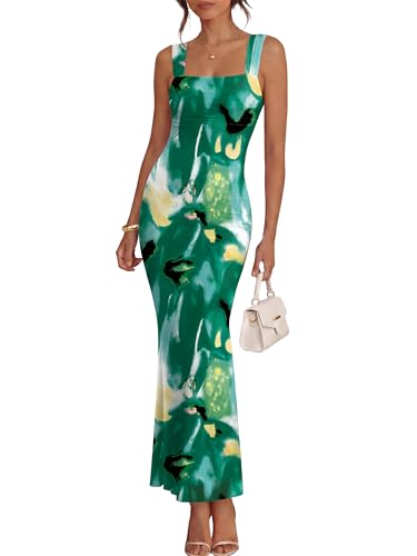 Caracilia Dresses for Women Summer 2026 Sleeveless Mesh Bodycon Floral Maxi Formal Wedding Guest Dress Party Spring Print Green X-Large
