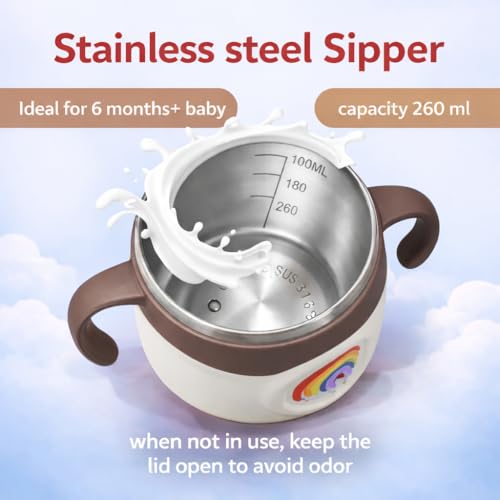 Image of THE LITTLE LOOKERS Stainless Steel Sipper Bottle 260ml | 316 Grade SS | BPA Free | Suitable for Hot & Cold | Travelling Bottle for Kids & Toddler | Training Sippy Cup with Straw /Spout (Beige)