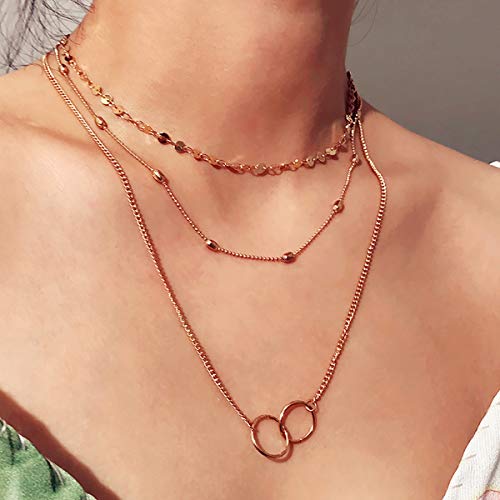 Preisvergleich Produktbild Deniferymakeup Modische mehrlagige Halskette Gold Tropfen Choker Gold Scheibe Halskette Doppelkreis zierliche Halskette Boho Chic Minimalistisches Design Silber und vergoldete Halskette
