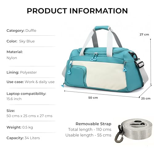 Image of POPCUBE Nylon 50 cms Imported Travel Duffle Bag Multi- Pocket Sports Shoulder Bag for Women with Wet Pocket & Shoe Compartment Weekender Overnight Travel Luggage Bag (50x25x27cm) (Modern, Sky Blue)