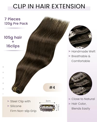 Image of LaaVoo Clip On Extensions Human Hair, For Date Night, 18 Inch | Warm Dark Brown Texture, 120g 7pcs, Hair Extension Clips, Silky, Seamless