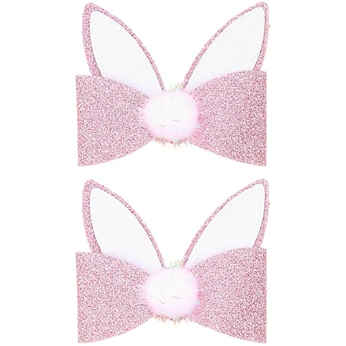 ANBALA 2Pcs Glitter Easter Hair Bows for Women Girls Pink Easter Bows Cute Bunny Hair Clips 3.03 Inch White Rabbit Ear Alligator Clip Easter and Spring Party