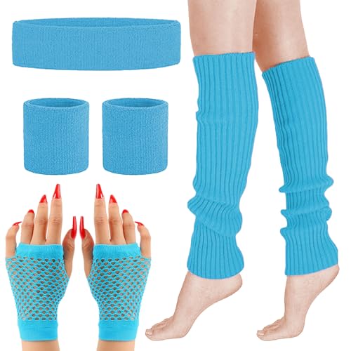 MUNSKT Conjunto de 4 aquecedores de pernas, luvas de rede, bandana, pulseiras, acessórios de fantasia dos anos 80, fantasias de festa temática retro dos anos 80, Azul