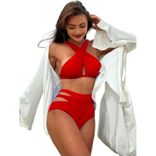 Gyios bañador Traje De Baño Bikini para Mujer Halter Sólido A Juego Dos Piezas Playa Vacaciones Piscina Conjunto-Rojo-s