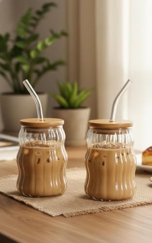 Image of Wave Shape Stripped Glass Coffee Tumbler (Pack of 2) with Wooden Lid and Straw, 550 ml, Transparent | Glass Tumbler for Coffee, ice Tea, Milk Shakes, Smoothies and Other Beverages