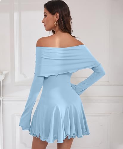 Image of Off The Shoulder Dresses for Women Long Slv Ruffle Bodycon Graduation Dress
