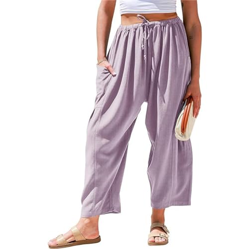 Kubbon Womens Linen Wide Leg Pants Casual Loose Drawstring Palazzo Pants Casual Wide Leg Elastic Waist Trousers Beach Pants