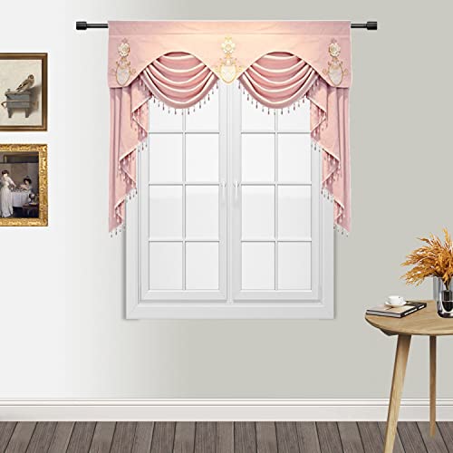 Newwpkira 1 Panel Pink Curtain Valance European Princess Style Waterfall Valance Luxury Embroidery Curtain Valance For Windows Elegant Swag Valance With Beads For Living Room Rod Pocket Top #TOP1