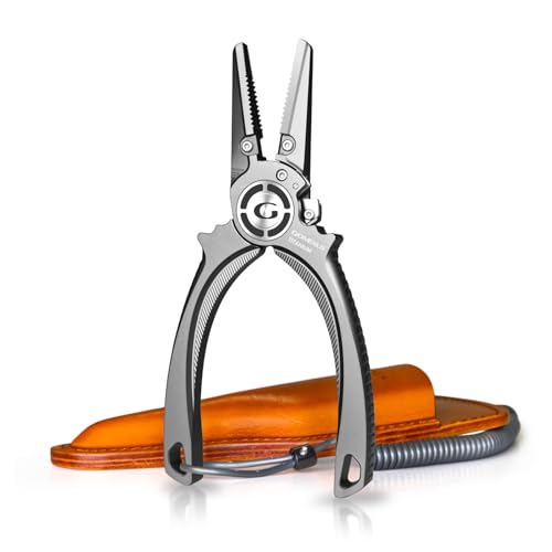 GOMEXUS Titanium Fishing Pliers 7.5'' with Side Cutters, Lanyard & Leather Sheath, Never Rust Hook Remover, Saltwater Resistant, Offshore Fishing (Offshore Straight Nose, 7.5 INCHES)