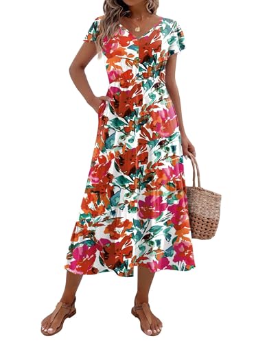 Image of Zeagoo Women's Summer Casual Dress Flutter Short Sleeve V Neck Button Down Tiered Flowy Long Dress with Pockets