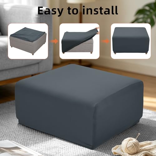 Image of YISUN Super Stretch Square Ottoman Cover - Soft Form Fit Ottoman Slipcover for Foot Stool & Folding Storage, Washable Furniture Protector with Non-Slip Elastic Bottom (L, Dark Grey)