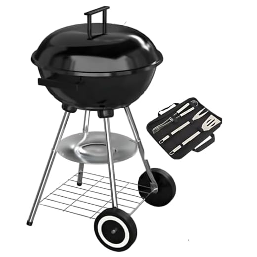 Barbecue à Charbon de Bois Rond 4 pieds (stable) avec Couvercle (fumoir) et Roulettes + 3 ustensiles)