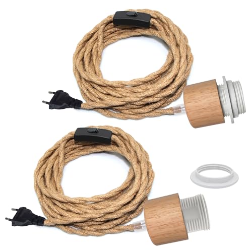 2PCS Lustre Corde de Chanvre avec Prise, 500CM Câble, Douille Ampoule E27 avec Interrupteur, Corde Lampe Suspension avec Prise, Suspension Luminaire Corde, Lampe Suspendue Vintage, Lampadaire DIY