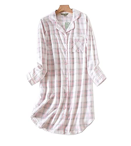DSKK Chemise de Nuit Femmes Coton à Carreaux boutonnée Manches Longues,Femmes Hauts de Pyjama Chemise de Nuit pour Femme (Rose,L) Cover