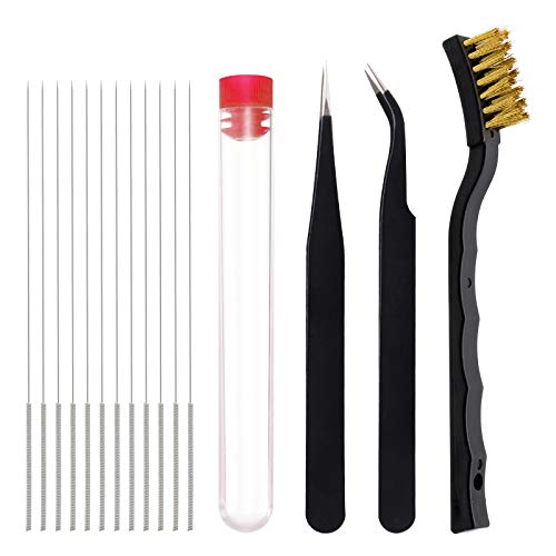 FENGWANGLI 15Pcs 3D Printer Nozzle Cleaning Kit, 12 Pcs 0.4mm Nozzle Cleaning Needles with Storage Box, 2 Pieces Tweezers and 1 Cleaning Copper Wire Brush