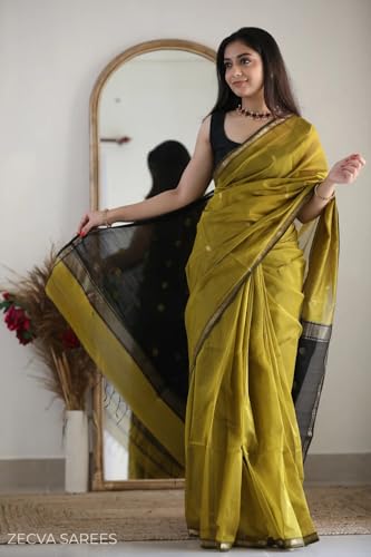 Image of ZECVA Women's Pure Soft Spun Cotton Lichi Silk Saree For Women With Attach Unstitch Blouse Piece