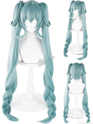 Image of Half and Half Long Curly Green Ponytail Braid Anime Wig with Bangs 37.5'' Light Teal Twin Tail Pigtails Wigs Virtual Singer Costume Wigs for Women Halloween Party Daily