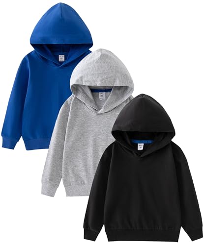 GFQLONG 3 Pack Toddler Lightweight Hoodie Sweatshirt Kids Boys Girls Sports Long Sleeve Pullover Tops Blue+ Grey+ Black 3T-4T