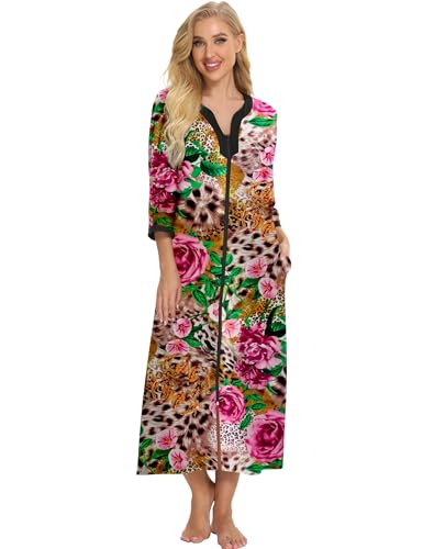Image of Bloggerlove House Dresses for Women Zip Up Robes Soft Cotton Nightgown Half Sleeve House Coat Long Night Gowns Sleepwear