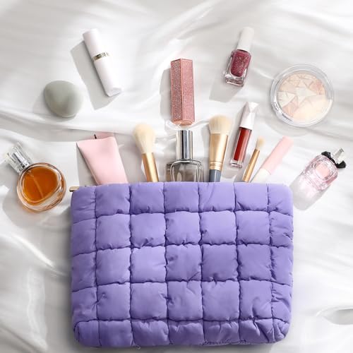 Hillban Puffy Quilted Makeup Bag Quilted Cosmetic Bag Cute Puffer Toiletry Checkered Pouch Aesthetic Travel Makeup Brushes Organizer(Purple,Classic)3