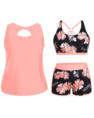 Image of Holipick Women Plus Size Swimsuits - Athletic 3 Piece Tankini with Shorts