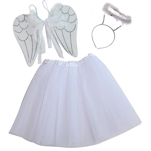 Girls Angel Costume Set - White Tutu, Angel Wings and Halo Headband (Tutu 16" long, Silver / White)