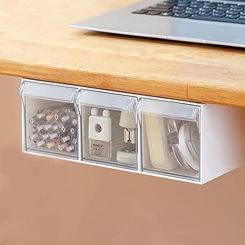 YOSKAEDI Under Desk Drawer Storage with 3 Drawers, Large Desk Drawer Attachment for office, Desk Drawer Organizer Slide Out, Plastic Stick on Desk Drawer White Cover