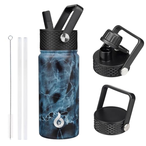Image of BJPKPK Insulated Water Bottles with Straw Lid, 18oz Stainless Steel Metal Water Bottle, Cold Hot Thermo with 3 Lids, Leak Proof BPA Free Travel Cup, Wide Mouth Flasks, Thermo-Ocean