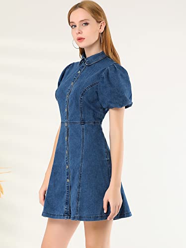 Allegra K Women's Denim Dress Button Down Pockets Puff Sleeve Collared Jean Dresses4