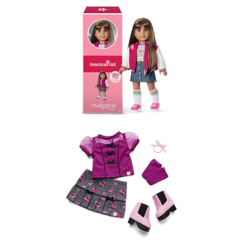 Image of Bundle of American Girl, Truly Me 18-inch Doll #122 with Brown Eyes, Straight Dark-Brown Hair, Tan Skin, for Ages 6+ + Truly Me 18-inch Doll Outfit, Bows & Blooms Outfit, for Ages 6+