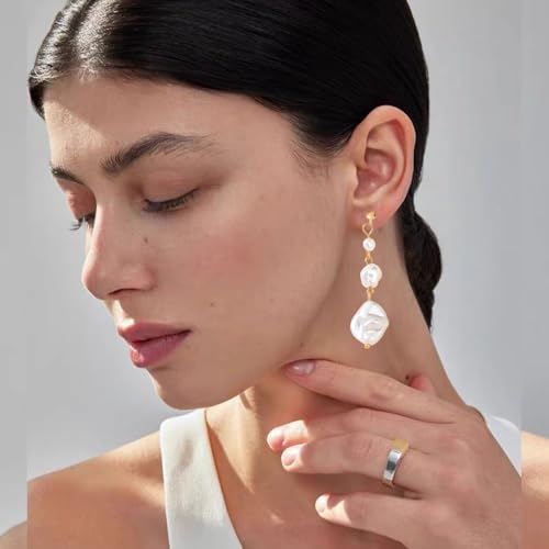 Baroque Pearl Pendant Clip Earrings Long Drop Clip-on Earrings for Women Gold Plated White Imitation Pearl Non-Pierced Earrings2