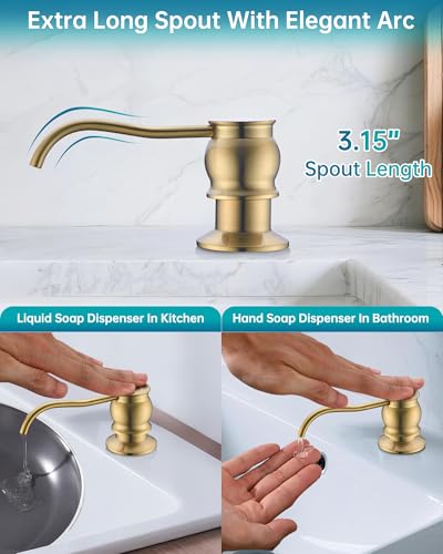Image of Built in Deck Mount Liquid Lotion Kitchen Countertop Metal Soap Dispenser, Brushed Gold Brass Dispenser Pump with 47.2 inch Silicone Long Tube for 0.79 inch- 1.38 inch High Capacity Bottle Mouths