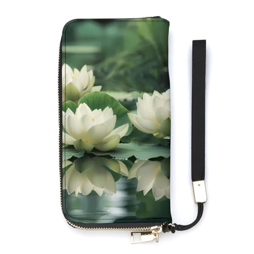 White Lotuses Flower Long Wallet PU Leather Clutch Purse Portable Credit Card Holder with Hand Strap