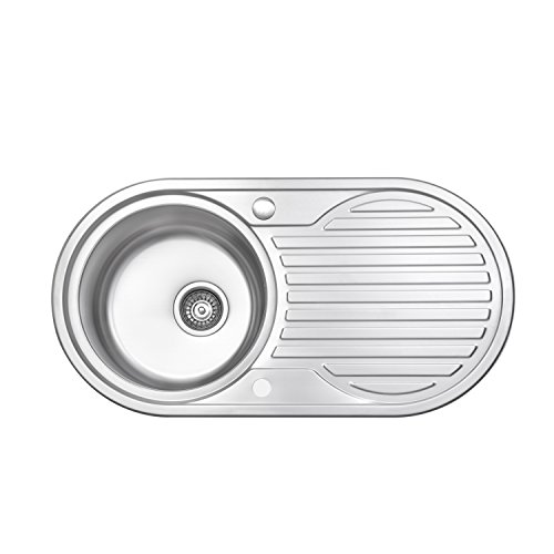 JASS Ferry - Fregadero de cocina redondo de acero inoxidable, 1 cuenco redondo con inserto reversible y desagüe antimanchas