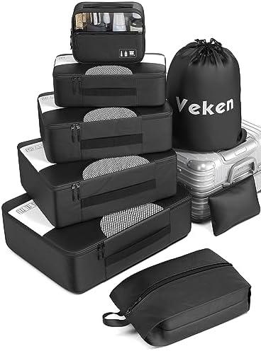Veken 8 Set Packing Cubes for Suitcases, Travel Bag Organizers for Carry on, Luggage Organizer Bags Set for Travel Essentials Travel Accessories in 4 Sizes(Extra Large, Large, Medium, Small), Black Veken 8 Set Packing Cubes for Suitcases, Travel Bag Organizers for Carry on, Luggage Organizer Bags Set for Travel Essentials Travel Accessories in 4 Sizes(Extra Large, Large, Medium, Small), Black