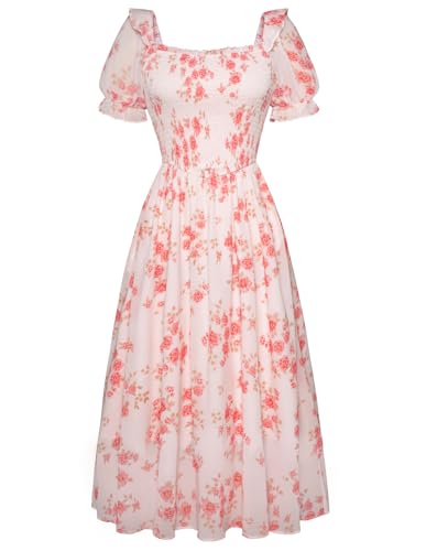 Women's Floral Summer Dresses Square Neck Puff...