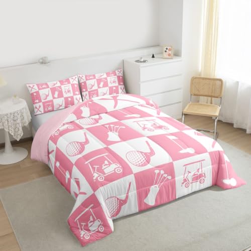 Image of Feelyou Golf Comforter Set Full Size Pink White Plaid Buffalo Check Geometric Bedding Set for Kids Boys Girls Sports Theme Duvet Quilt Bedroom Decor Microfiber 3 Pcs with 2 Pillow Cases