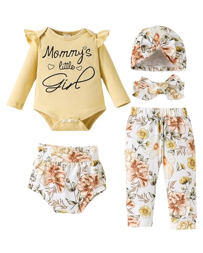 Image of SUNNY PIGGY Baby Girl Clothes Infant Newborn Girls Outfits Romper with Headband Hat Pants Shorts Set 5Pcs