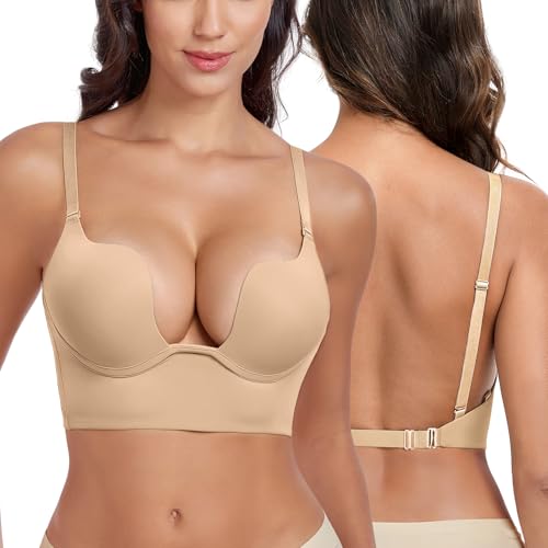 Women's Backless Deep Plunge Bra U Neckline Push Up Low Cut Supportive Underwire Bras