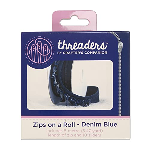 Threaders Zips On Rollo Cremalleras Continuas con 10 Deslizadores para Proyectos de Costura 5 M Dril de Algodón Azul-Denim Blue, Polyester, 10.2 x 5.4 x 10.2 cm